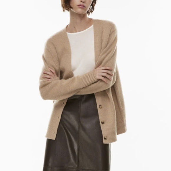 WILFRED Cashmere V-Neck Cardigan Sweater Saville Tan Brown ARITZIA S - Picture 2 of 11
